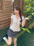 Lace V-Neck Striped Front-Sleeve Shirt For Women's Summer Short-Sleeved Commuting Bow Shirt Shirt