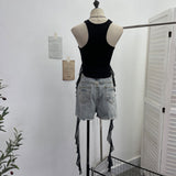 Real Shooting Retro Hanging Neck Sling Vest Woman With Hot Girl Mesh Ribbon Irregular Sleeveless Top 8080