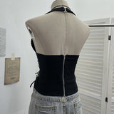 Deep V Hanging Neck With Chest Pad Sling On Both Sides Of The Strapped Open Fork-Lo-Back Zipper Short Babes Top 6310