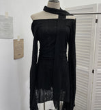 The Dark Waste Soil Wind Makes The Old Hole Hanging Shoulder Hanging With Long Sleeves Irregularly Open Fork T-Shirt Skirt 9295
