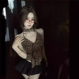 Spice Girl Leopard Tucked Back Hanging Neck Sling Small Vest Woman Summer Tight Inside A Short Outer Sexy Top