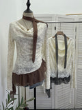 Real Shooting Two Collar Hanging Neck Ribbon Two Long-Sleeved T-Shirt Lace Splicing Chiffon Drawstring T-Shirt 1180