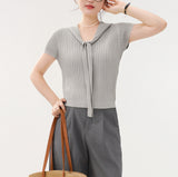 Grey Ribbon Strap Ice Silk Short-Sleeved Knitted Shirt Summer 2025 New Body-Cuff Hollow Shirt Solid Color Top