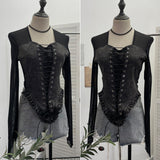 Sexy Square Collar Mesh Spliced Denim Strapped Belted Blouse Design With A Short T-Shirt 2230