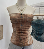 Real Shooting Denimed Tie-Dye Printing Mesh Yarn Tectar Tset With Chest Cushion Anti-Slip Vest Short Top 1255