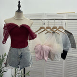 Thai Hottie Net Yarn Strap Splicing Bra Vest With Chest Cushions Anti-Slip Short Top Female 8128