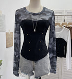 Small Personality Camouflage Mesh Spliced Long-Sleeved T-Shirt Short Repair Cloth Woman 8107