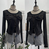 Real Shooting Of The Fur-Sided Denim Splicing Zipper Fake Two-Piece Mesh Top-Tuned Short Perspective T-Shirt 8990