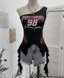 Real Shooting Retro Jersey Vest Letter Print Oblique Shoulder Hottie Wearing Lotus Edge Ribbon Ribbon Short Top 1279