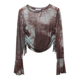 Sunscreen Not Sultry Hot Tie Dye Net Yarn Long-Sleeved T-Shirt Drawstring Tethered With Short-Sized T-Shirt Horn Sleeve Top 8929