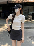 Vintage College Style Polo Collar Button Shoulder Sesame Short-Sleeved T-Shirt Women's Summer Age Repair Short-Term Collar Top