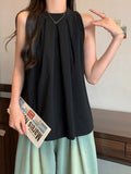 Korean Sleeveless Hanging Neck Shirt Women's Spring New Fashion Collar Design Feel Folded Blue Top Tide
