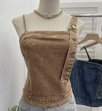 Spice Girls Slanted Shoulder Jeans Slings Vests Women Wearing Irregular Buckle Short Sleeveless Top 653