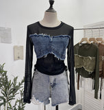 Vintage Spice Girls Stomee Net Yarn Sexy Perspective Drawstring Long-Sleeved T-Shirt Top 2630