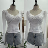 Pure-Want Wind Belt Chest Mat Lace Splicing Mesh Yarn Long-Sleeved T-Shirt Short Slim Top 2673