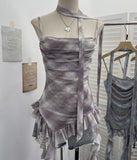 Real Shooting Round Neck Fluttering Dye Printing Irregular Lotus Leaf Side Mesh Slings Slings Sleeveless Top 1218