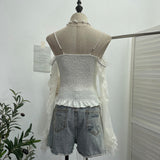 French Retro Pearl Shoulder Lace Lace Top With Bra Cushion Shoulder Long Sleeve Short Shirt 8858