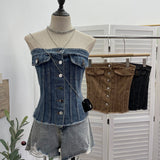 Vintage Water Wash Denim Breasts A Word Shoulder Button Open Shirt Vest To Take Sleeveless Top Lady 617