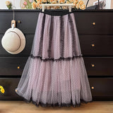 French Wave Point Mesh Splicing Layer Fluffy Skirt Women's Spring And Summer 2025 New Wooden Ear High-Waist Loose Swing Skirt