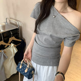 Spice Girls Design Pure Style Waffling Tinger Slanted Shoulder Short-Sleeved T-Shirt Women 2025 Summer New Dew Shoulder