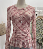 Double-Layer Mesh Lattice Waist Fold Irregular Hem With Long-Sleeved Top Repair T-Shirt 15671