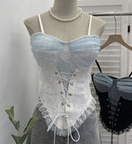 Real Shot Clamming Color Wave Point Mesh Yarn With Chest Pad Wearing Rope With Lace Slings Vest Short Strap Back Coat 66336
