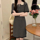 Striped POLO Collar Zipper Knitted Dress Women Summer Korean Loose Sweet And Lovely Design Short-Sleeved Skirt