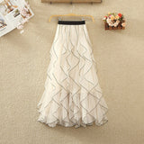 Wave-Print Yarn Skirt Women's Summer New High-Waisted Fairy Leaf Side Skirt In The Long A-Shaped Skirt Dress