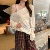 Autumn Lazy Wind Shoulder-Slanted Shoulder Long-Sleeved Knitted Shirt Woman 2025 New Korean Atmosphere Wearing A Small Top
