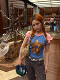 Korean Retro Color-Print Short-Sleeved T-Shirt Girls Summer Slimming Animal Design Sense Casual Top