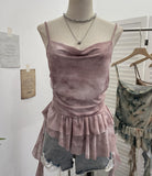 Real Shoot Spice Girl Swing Network Yarn Print Sling Vest Retivating Lotus Leaf Side Ribbon Short Top 1210