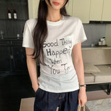 Spice Girls Shoulder Collar Letter Repair White Short-Sleeved T-Shirt Women's Summer 2026 New Super-Good-Looking Top