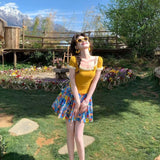 Dopamine Yellow U Collar Top Shredded Flower Skirt Suit Women Summer Age Reduction Thin Holiday Wind Two Sets Of Women