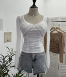 Pure-Want Wind Belt Chest Mat Lace Splicing Mesh Yarn Long-Sleeved T-Shirt Short Slim Top 2673