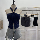 French Hanging Neck Sling Vest With Chest Pad Open Fork Short Bramped Stairless Top 9286