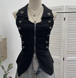 Vintage Metal Double Buckle Elastic Repair Waist Zipper Shirt Over-Necked Short Vest Vest 6295