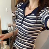 Hanli Hanqi Design Striped Collar Front Shoulder Short-Sleeved T-Shirt Women 2025 Summer New Beautiful Top