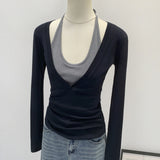 Commuter Lyselle Tiansi Unique Fake Two Hanging Neck Long-Sleeved T-Shirts Women's Autumn Commute New Non-Hit T-Shirt Spring