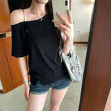 White Slings With Slanted Shoulders To Close The Waist Short-Sleeved T-Shirt For Women's Summer 2026 New Design-Sensitive Beautiful Blouse