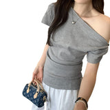 Spice Girls Design Pure Style Waffling Tinger Slanted Shoulder Short-Sleeved T-Shirt Women 2025 Summer New Dew Shoulder