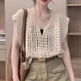 Shanghanghu Crochet V-Neck Vest Knitted Shirt Women's Summer 2026 New Design Short External Sunscreen Sleeveless Top