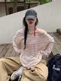 Korean Striped Oblique Shoulder Tulle Sunscreen T-Shirt Girl Summer Design Summer Seaside Wear Bare Shoulder