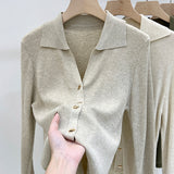 Designing A Small-Sized Collar Long-Sleeved Knitted Shirt Women 2026 Spring And Autumn Pure Color Shirt Bottom Sweater