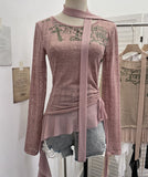 Slap In The Air-Covered Knitted T-Shirt Women's Autumn Dress With Long-Sleeved Drawstring Irregular Top 8097