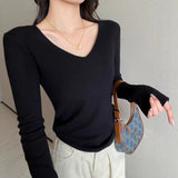 Gray V-Neck Bottom Shirt Women's New Tattoo Sweater Wearing Long-Sleeved Knitting Spring And Autumn Blouse