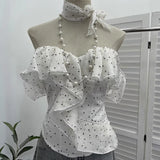 With Chest Pad A Word Shoulder Wave Point Shirt Woman Xia Repair Lotus Leaf Side Short Shirt Repair Body 6162