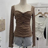 Real Shooting Atmosphere Love Print Net Folded Bow Bow Long Sleeve Bottom Shirt T-Shirt Collar Collar T-Shirt 2831