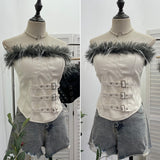 Real Shooting Retro Pu Skin Spliced Hair Bra Bra Strap Chest Punk Hottie Skin Buckle Waist Short Top 2781