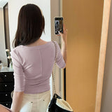 Lyselle Tians Summer Commute Beautiful Black U-Neck Middle-Sleeved T-Shirt Woman 2025 New Unique Beautiful Little Top