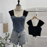 Real Clapping Collarbone Shoulder T-Shirt Women's Summer Mesh Spliced Denim Repair Short Sling Sling Vest 19051